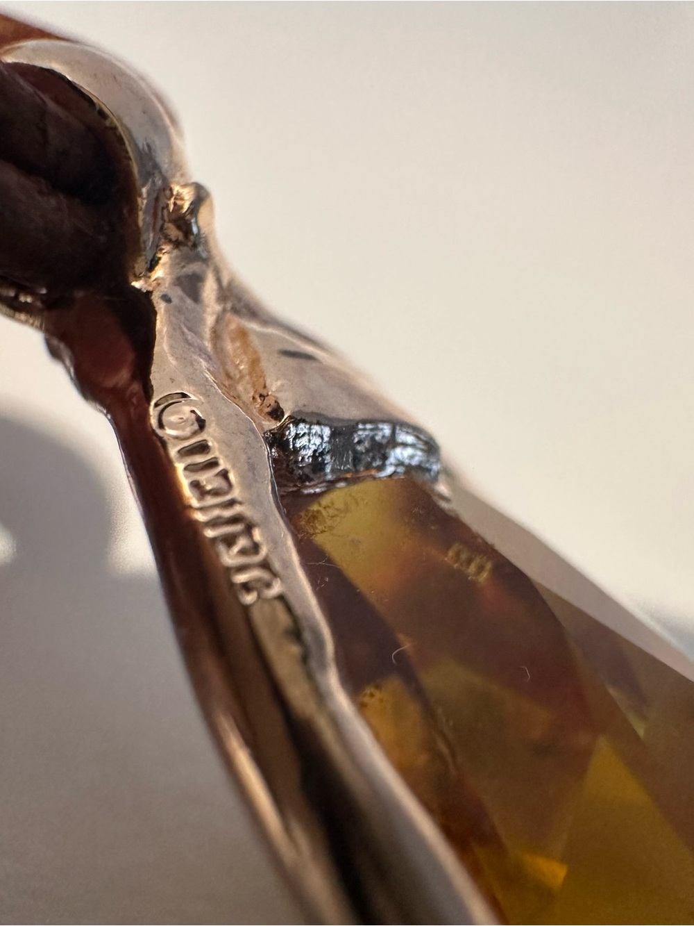 DANON Brown Leather Cord Necklace with Golden Amber Glass stone Teardrop Pendant